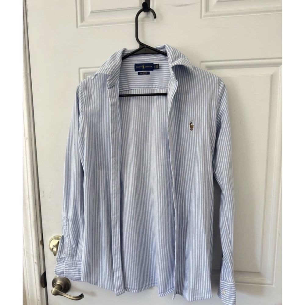 Ralph Lauren Knit Oxford Slim Fit Blue/White Striped Cotton Dress Shirt S